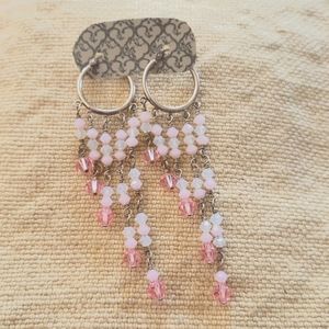Sterling Silver hoops with hand beaded Swarovski pink crystal drop dangles
